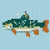 DALL·E 2024-11-20 17.46.04 - A pixel-art style depiction of a brook trout, designed in a grid-like knitting pattern. The trout features an orange tail and fins, a green body with .webp